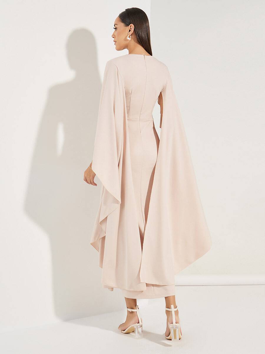Rachel - Hellrose Midi Dress with V-Neck and Chiffon Sleeves