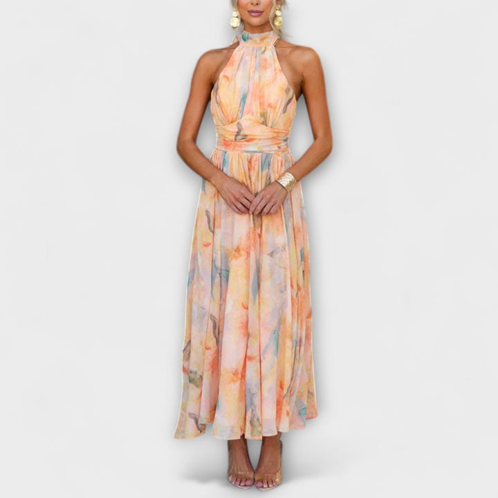 Halter-Neck Watercolour Print Maxi Dress