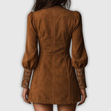 Мини рокля от винтидж кафяв суед с V-образно деколте и бродерия