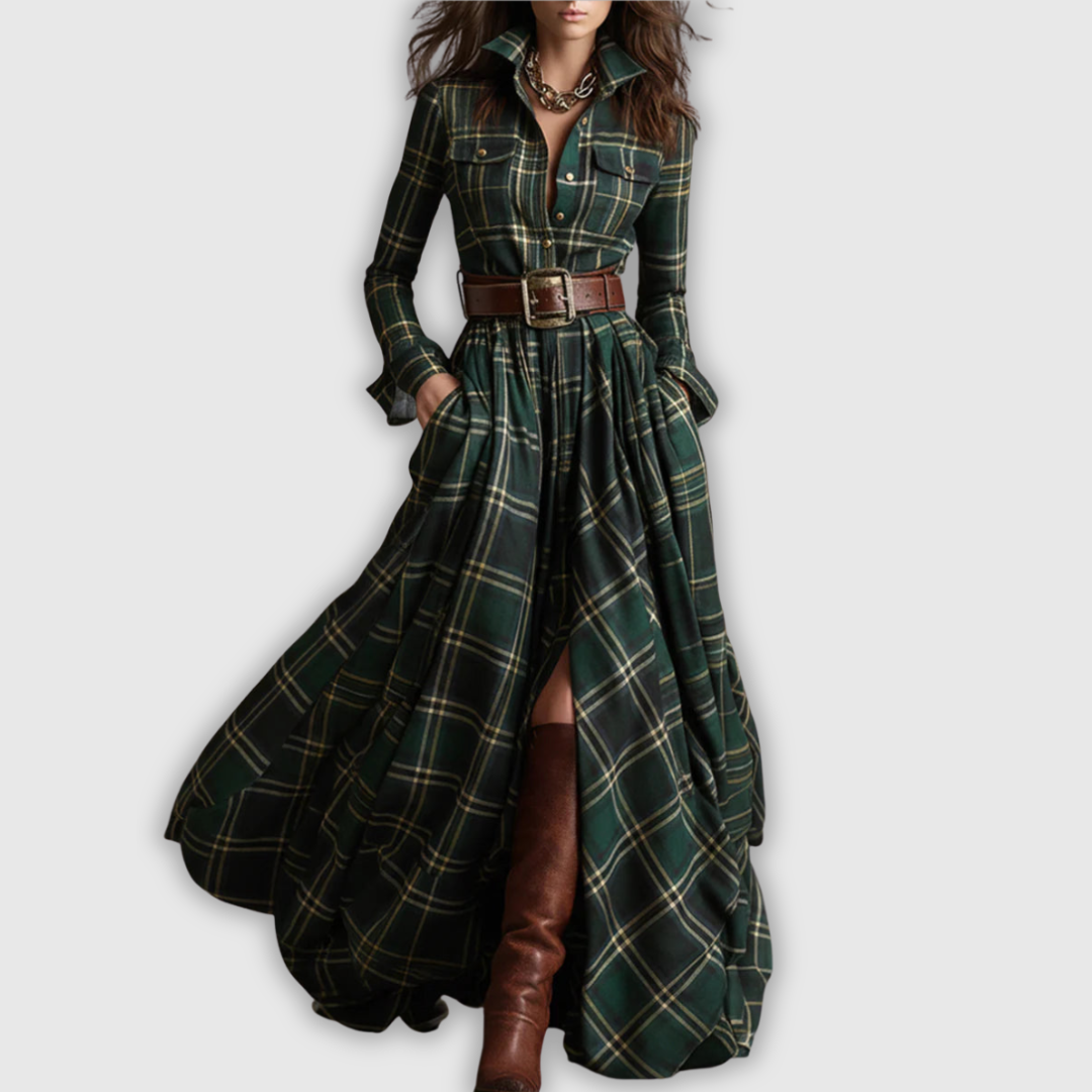 Мирела | Дълга рокля в кафяво-червеникави квадратчета с ретро яка