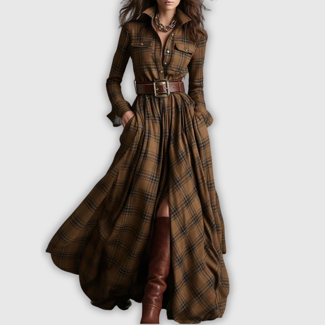 Мирела | Дълга рокля в кафяво-червеникави квадратчета с ретро яка