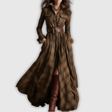 Мирела | Дълга рокля в кафяво-червеникави квадратчета с ретро яка