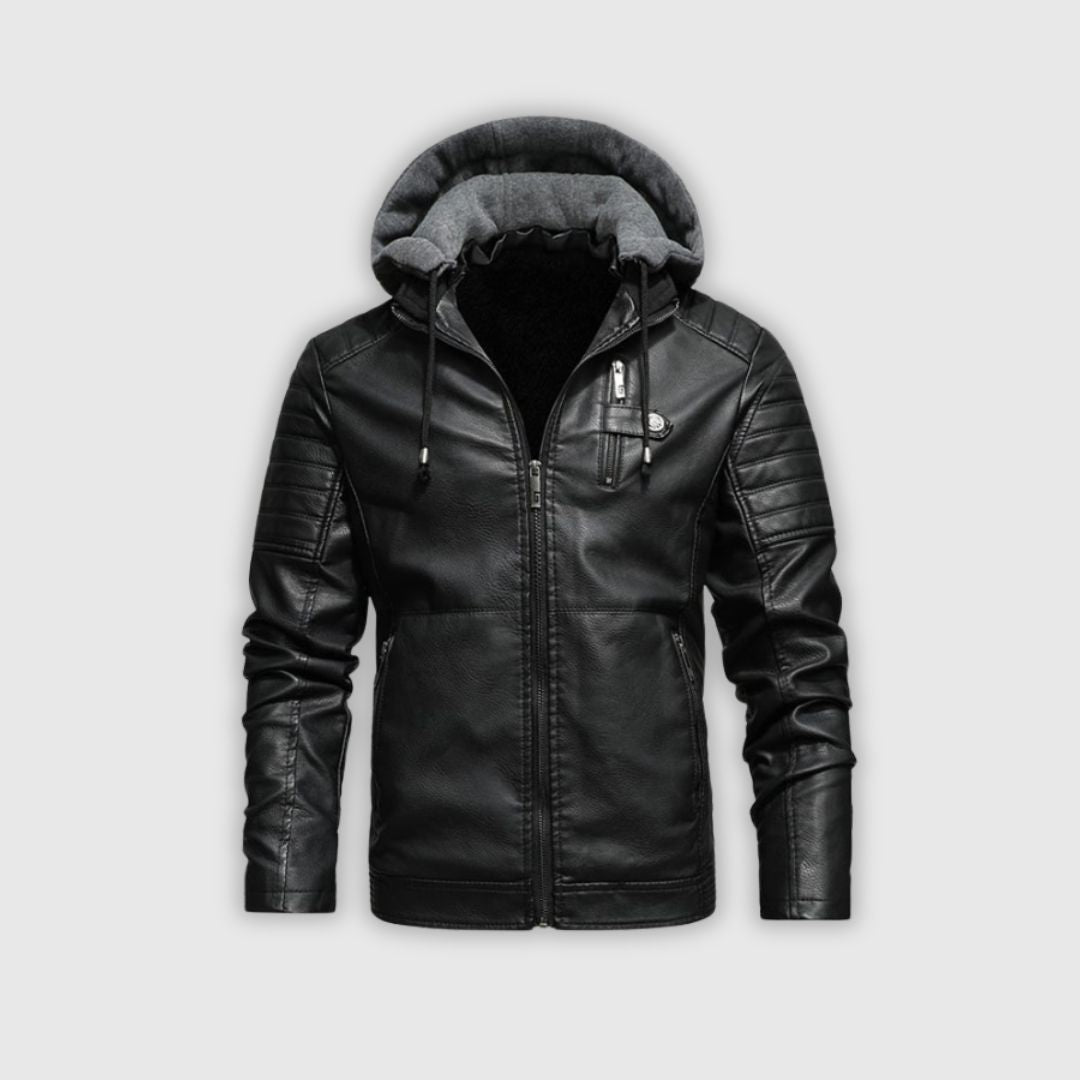 СТЕФАН | ЗИП ВЕТРОВКА С ЕФЕКТ НА КОЖА С ДВОЙНА КАПЮШОН