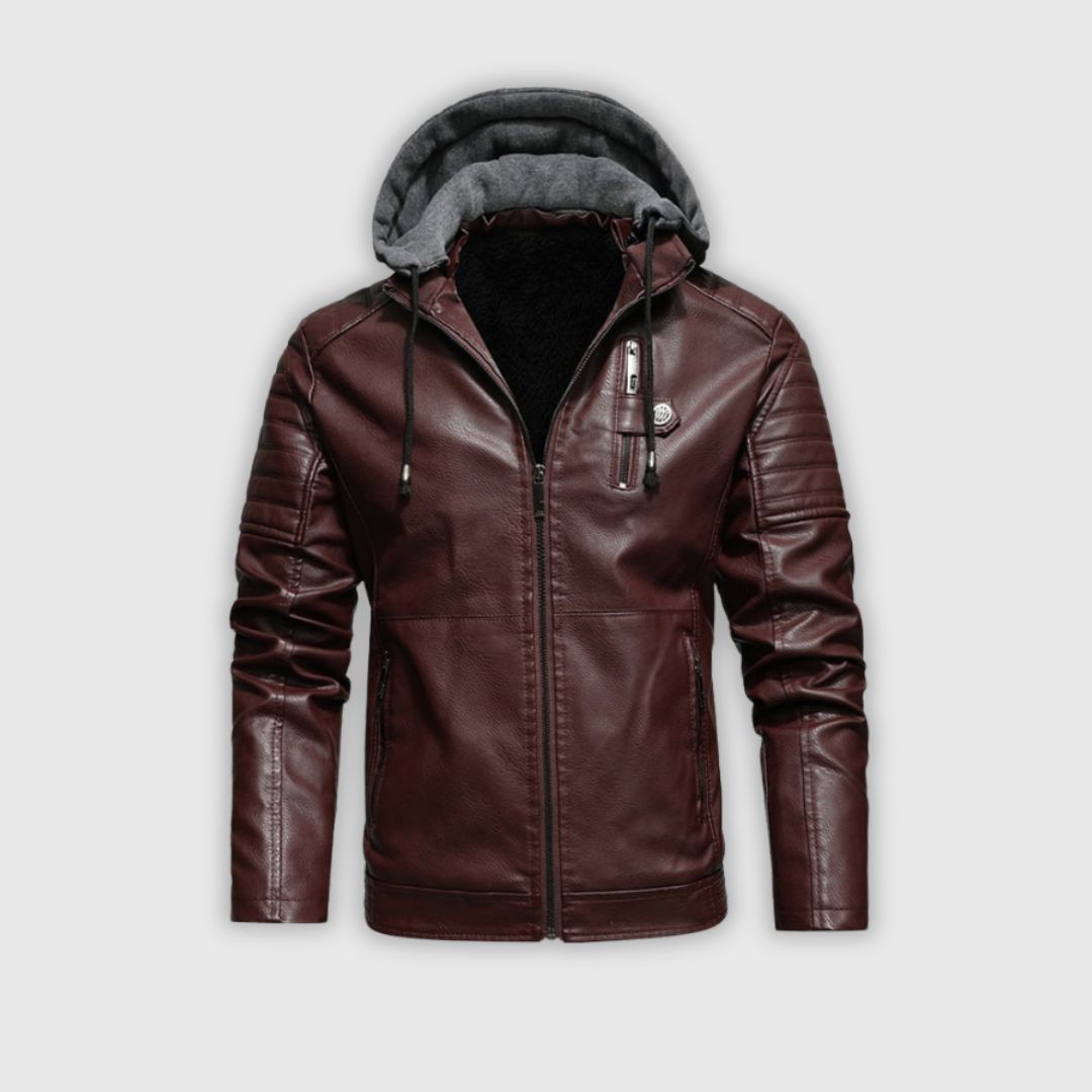 СТЕФАН | ЗИП ВЕТРОВКА С ЕФЕКТ НА КОЖА С ДВОЙНА КАПЮШОН