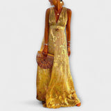 Потокова рокля с V-образно деколте и детайли от пайети