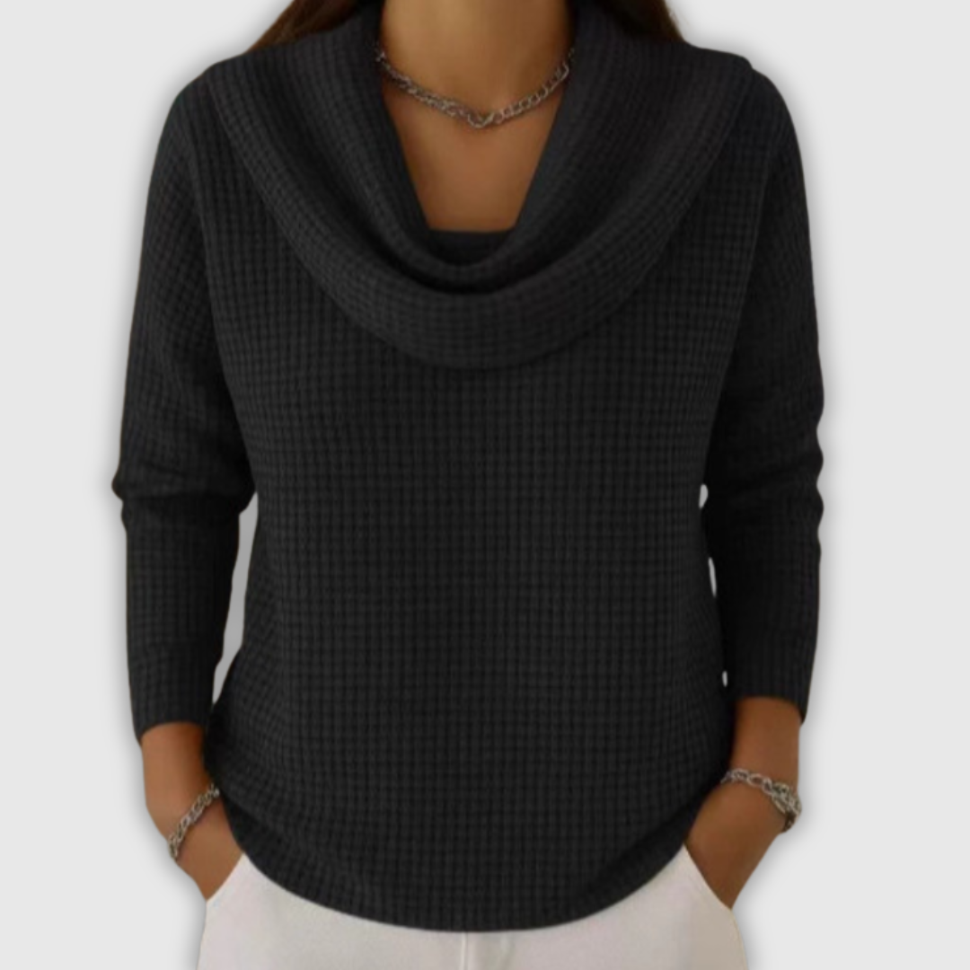 Анна – Топъл вафлен пуловер с елегантно водопадно деколте