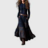 Леонора | Дълга винтидж рокля от велур с тъмносини квадратчета (Включва колан)