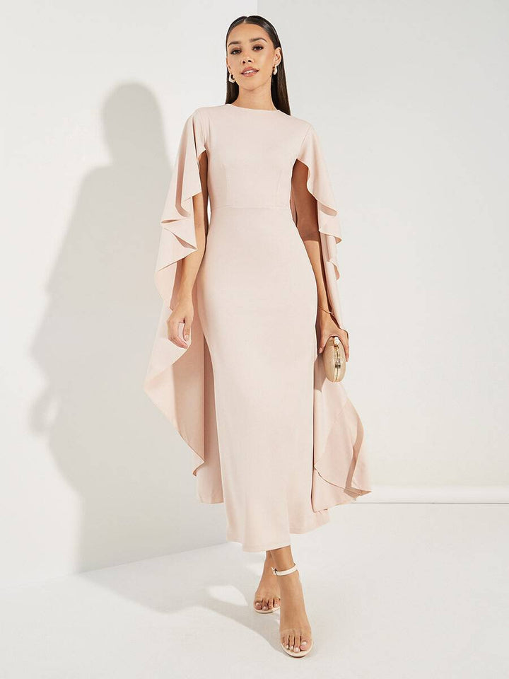 Rachel - Hellrose Midi Dress with V-Neck and Chiffon Sleeves