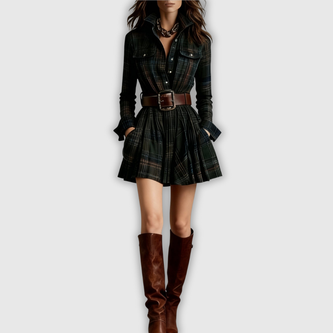 Мини винтидж рокля с каре в червено и кафяво