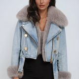 Дънково яке с кожена подплата | Къс модел с яка