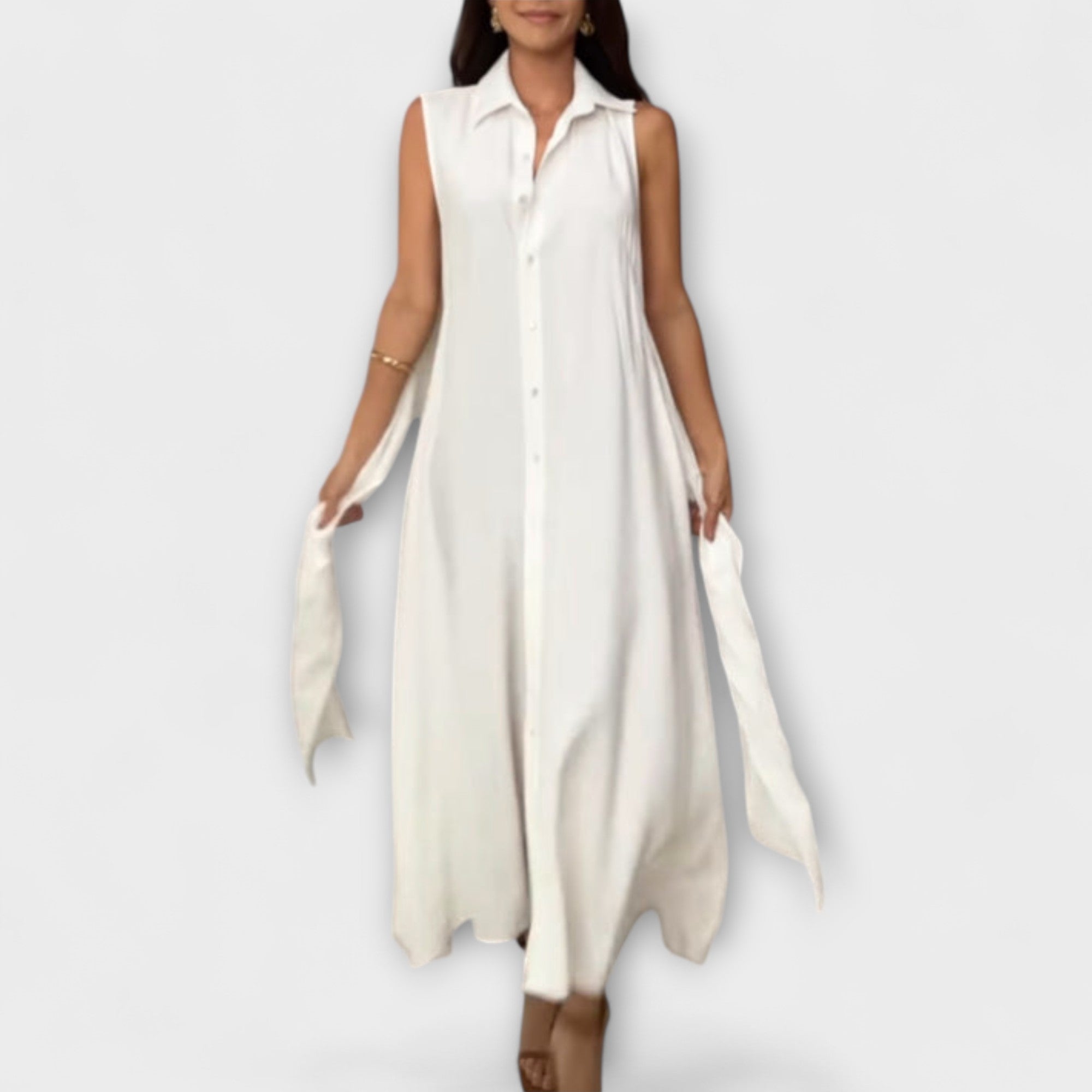 Аурора - Привлекателна миди рокля с един ред копчета и детайл с връзка