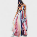 Многоцветна дамска рокля с V-образно деколте