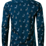 Мъжка Коледна Елха Печат Дишащ Тъмносин Дълъг Ръкав Риза