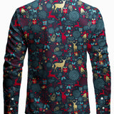 Мъжка винтидж коледна ренде печатна риза с дълъг ръкав