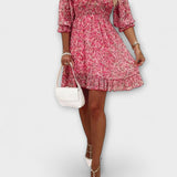 Рокля с флорален десен и пъстри ръкави за жени