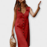 Аурора – Плътна рокля с А-силует от памук и лен с изрязано якче