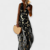 Потокова рокля с V-образно деколте и детайли от пайети