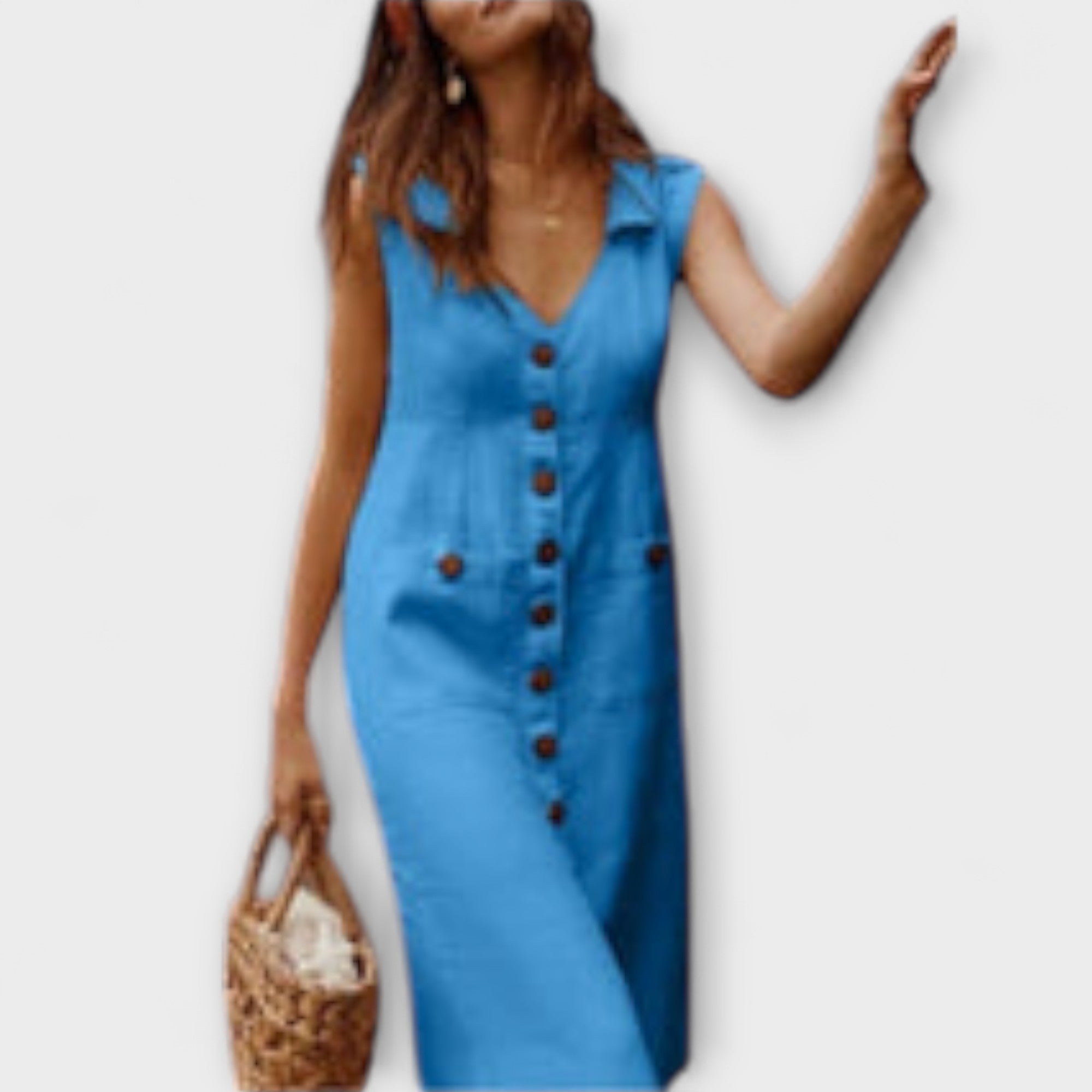 Аурора – Плътна рокля с А-силует от памук и лен с изрязано якче