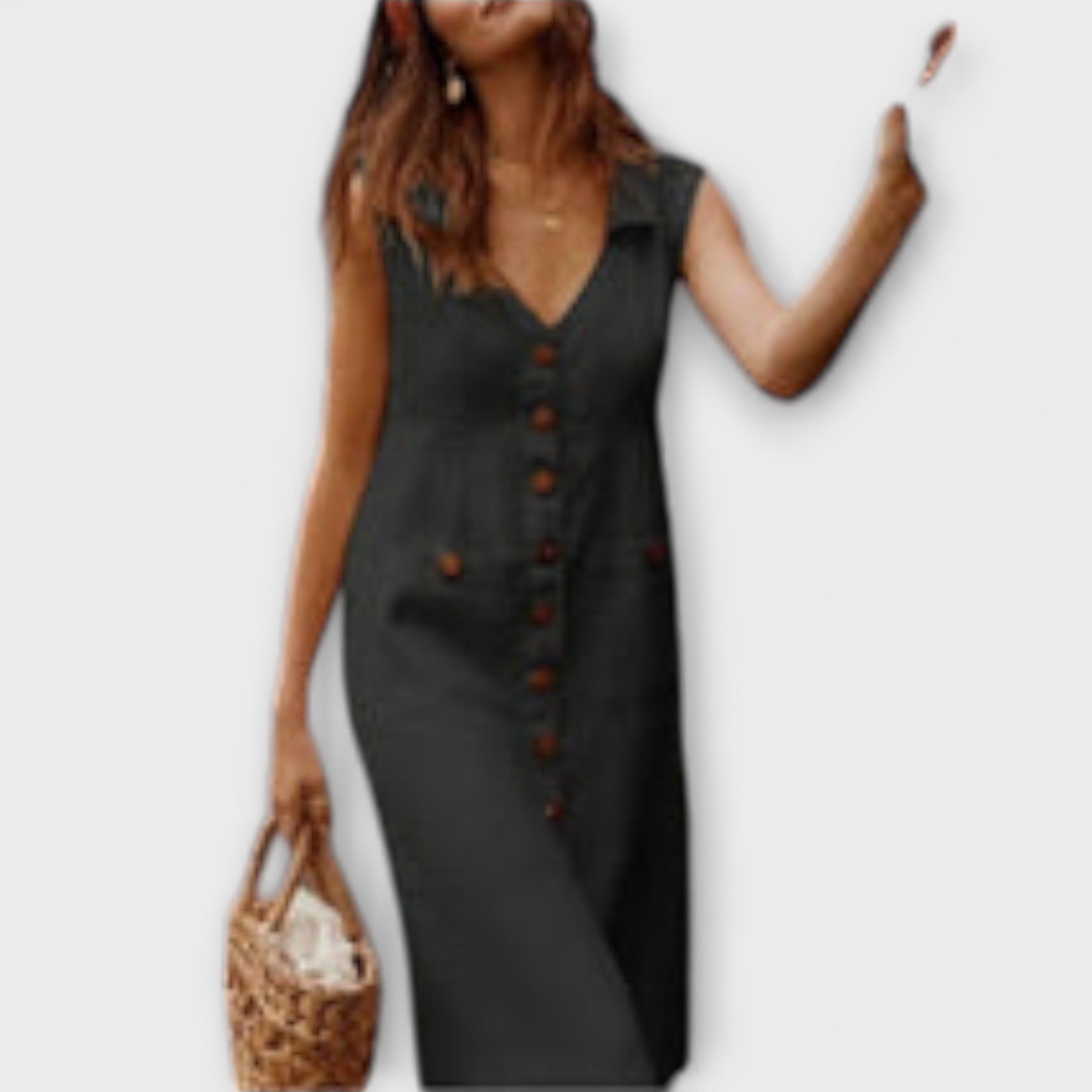 Аурора – Плътна рокля с А-силует от памук и лен с изрязано якче