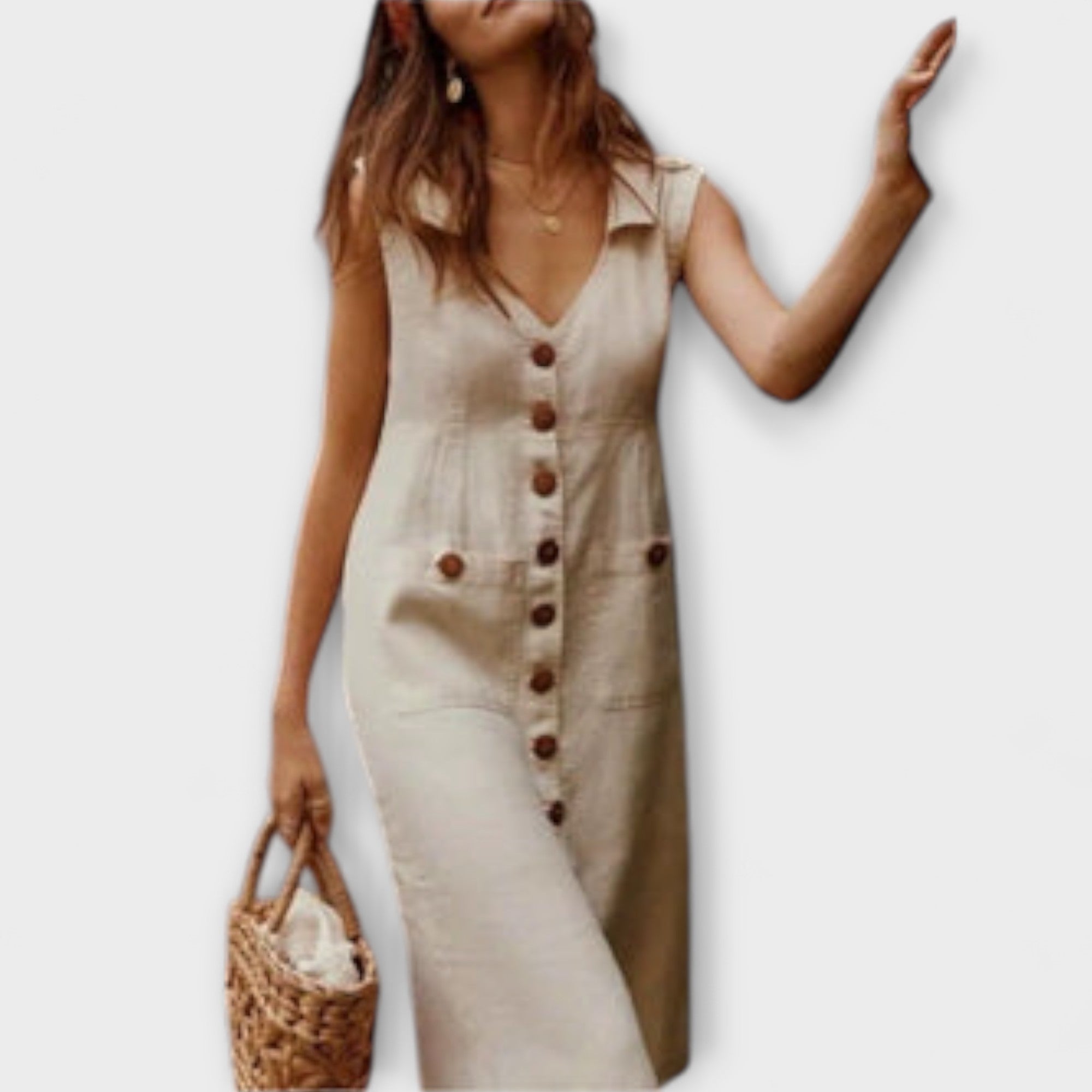 Аурора – Плътна рокля с А-силует от памук и лен с изрязано якче