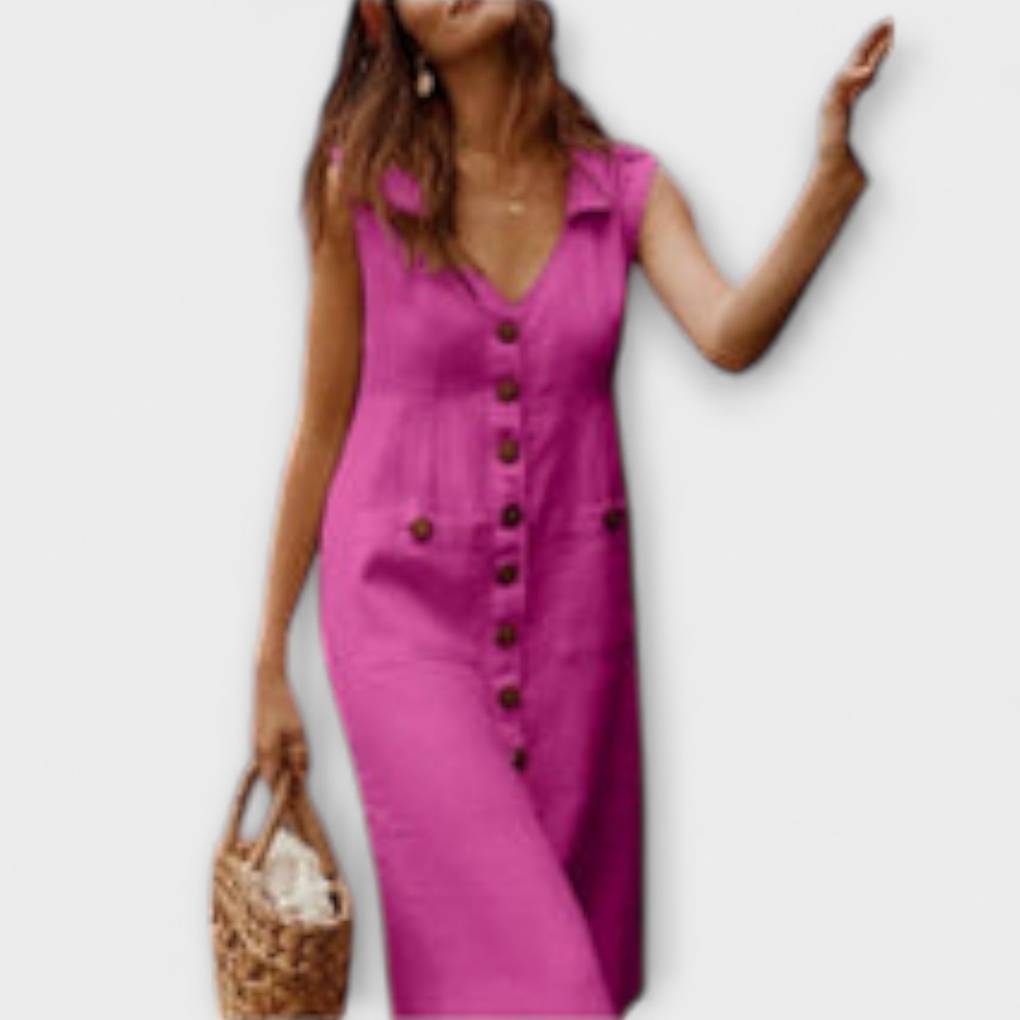 Аурора – Плътна рокля с А-силует от памук и лен с изрязано якче