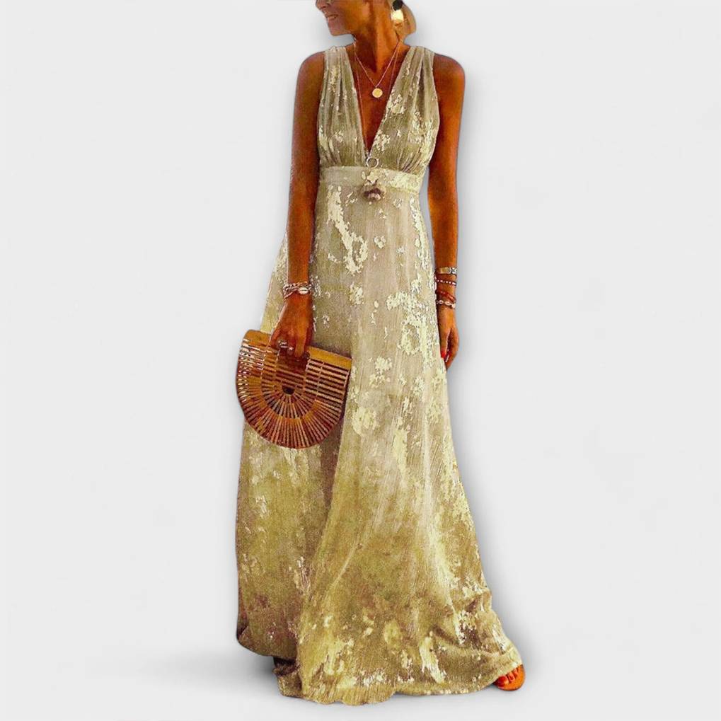 Потокова рокля с V-образно деколте и детайли от пайети