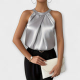 Скай - Стилна сатенена блуза с дизайн на открито рамо