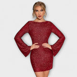 Рокля без гръб с пайети и дълги ръкави