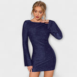 Рокля без гръб с пайети и дълги ръкави